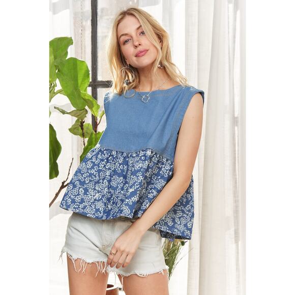 ADORA Flower Print Sleeveless Crew Neck Denim Contrast Peplum Silhouette Blouse - Picture 3 of 13